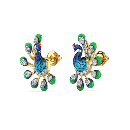 Turquoise Tail Peacock Earrings-Yellow Gold