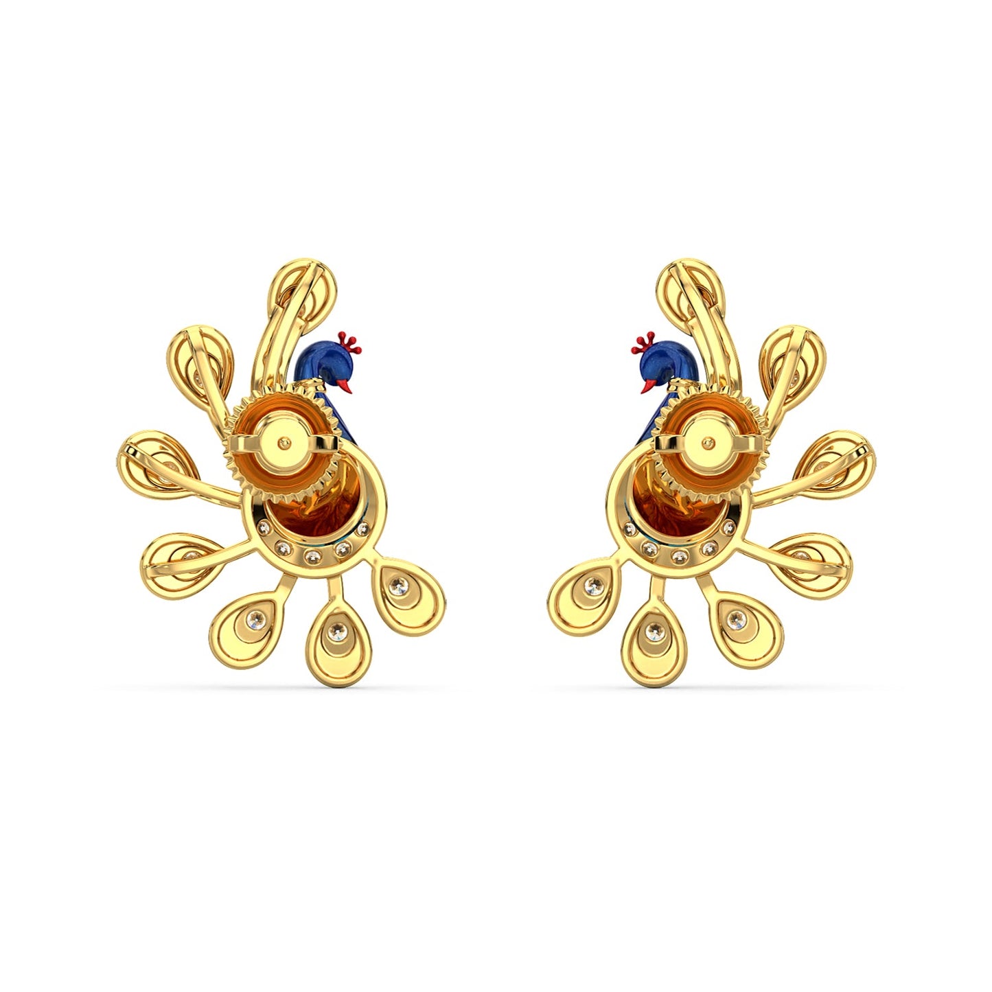 Turquoise Tail Peacock Earrings-Yellow Gold