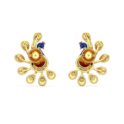 Turquoise Tail Peacock Earrings-Yellow Gold