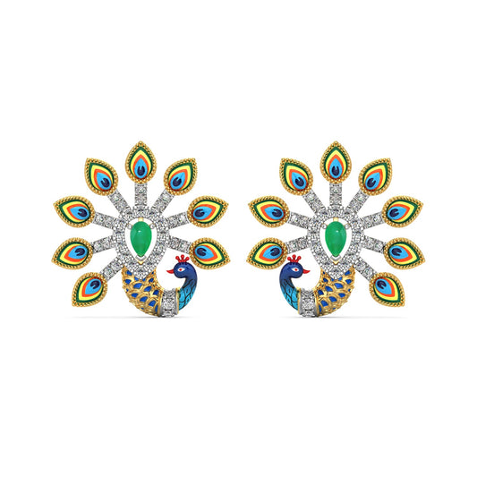 Rainbow Feather Peacock Earrings-Yellow Gold