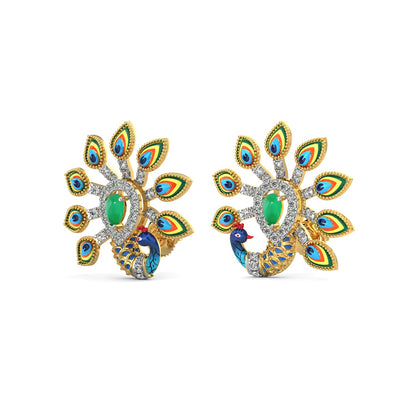 Rainbow Feather Peacock Earrings-Yellow Gold
