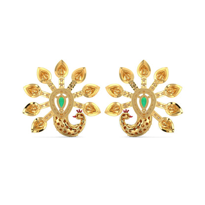 Rainbow Feather Peacock Earrings-Yellow Gold