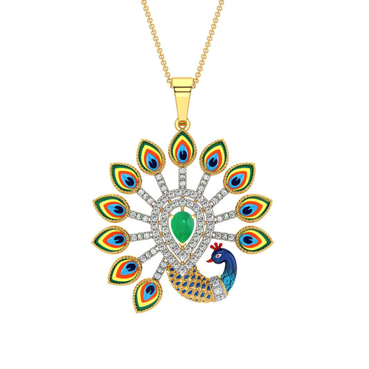Rainbow Feather Peacock Pendant-Yellow Gold