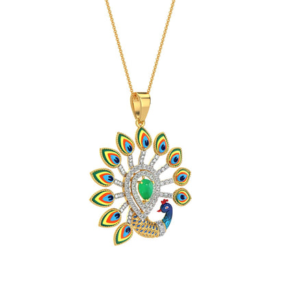 Rainbow Feather Peacock Pendant-Yellow Gold