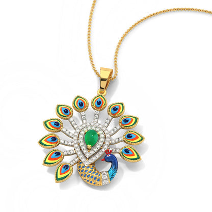 Rainbow Feather Peacock Pendant-Yellow Gold