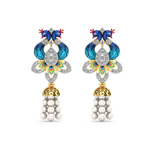Pearl Cascade Peacock Earrings-Yellow Gold