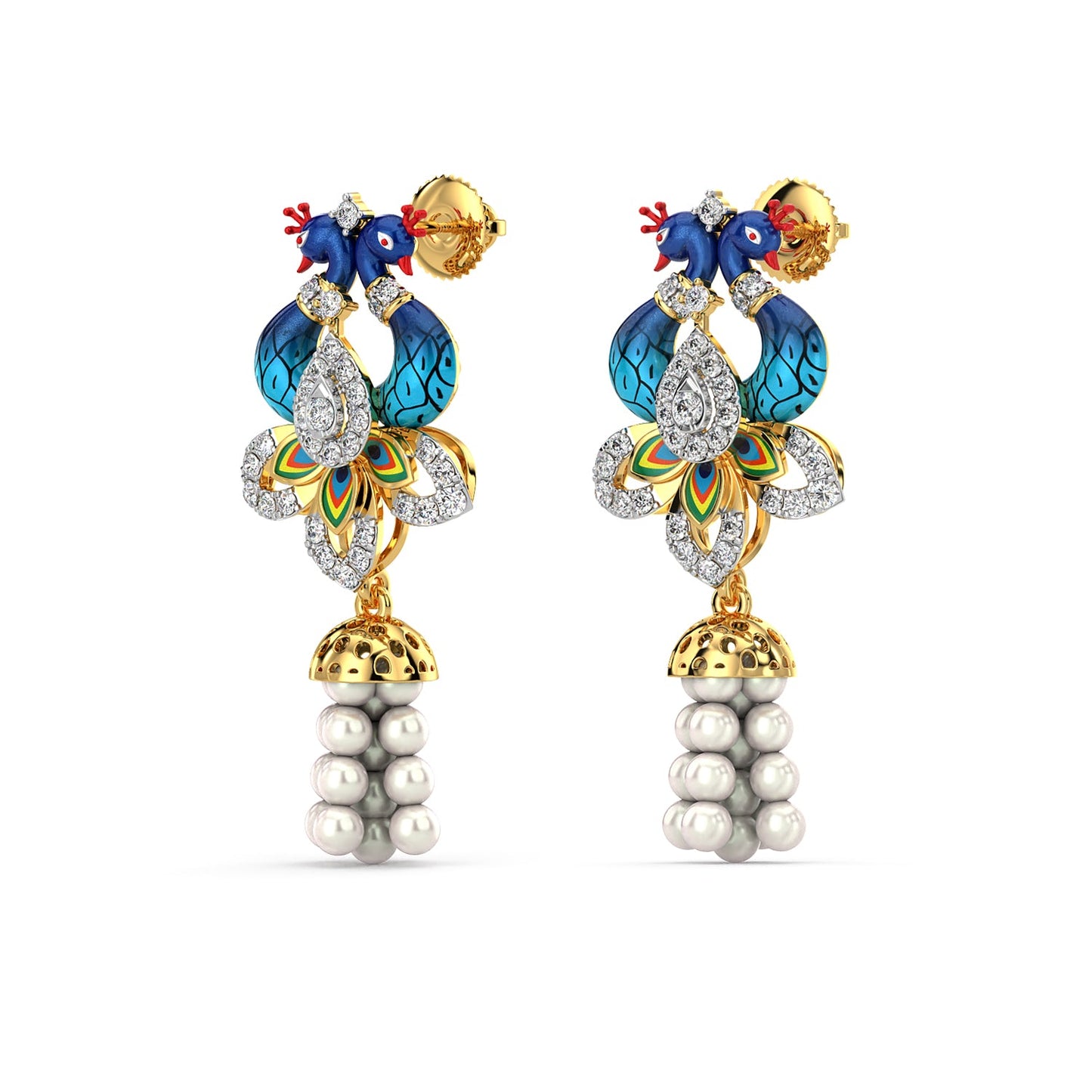 Pearl Cascade Peacock Earrings-Yellow Gold