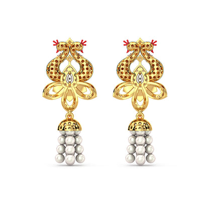 Pearl Cascade Peacock Earrings-Yellow Gold
