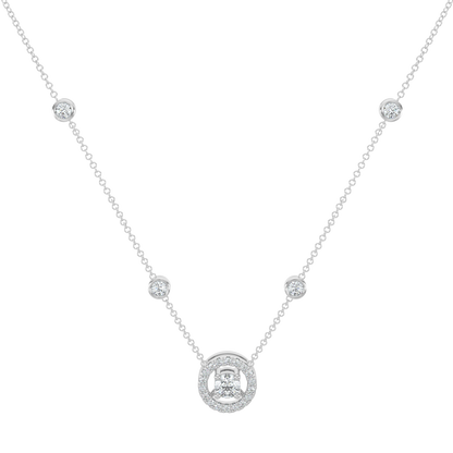 Round Halo Solitaire Chain Necklace-White Gold