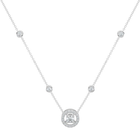 Round Halo Solitaire Chain Necklace-White Gold