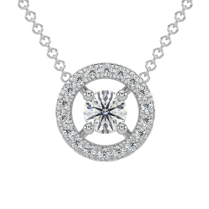 Round Halo Solitaire Chain Necklace-White Gold