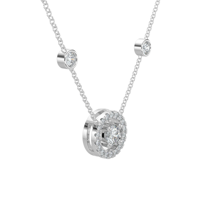Round Halo Solitaire Chain Necklace-White Gold