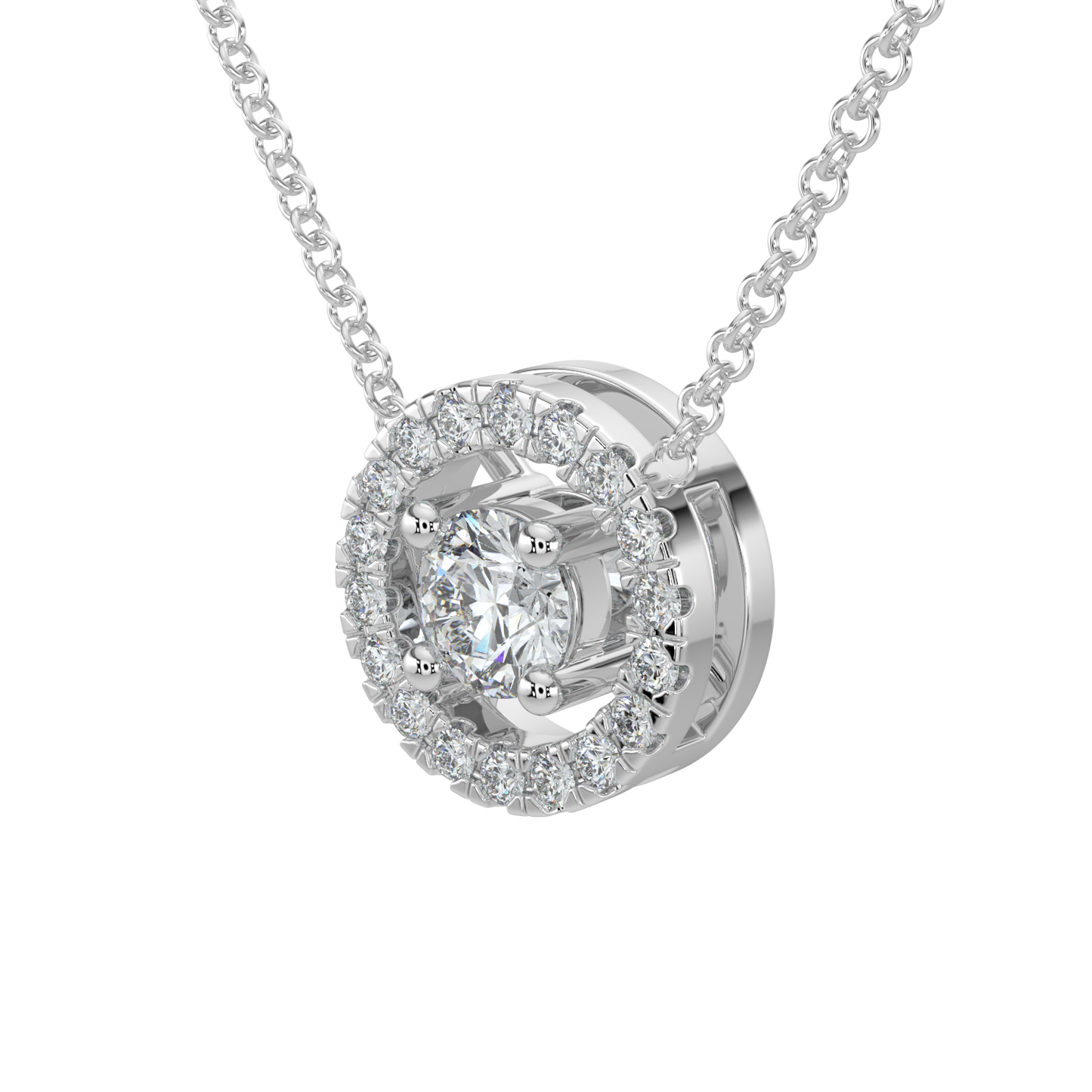 Round Halo Solitaire Chain Necklace-White Gold