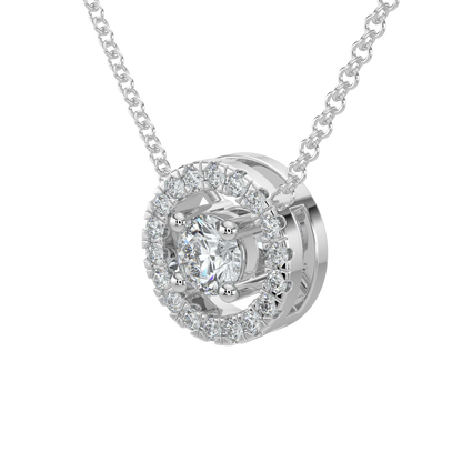 Round Halo Solitaire Chain Necklace-White Gold