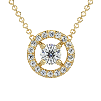 Round Halo Solitaire Chain Necklace-Yellow Gold