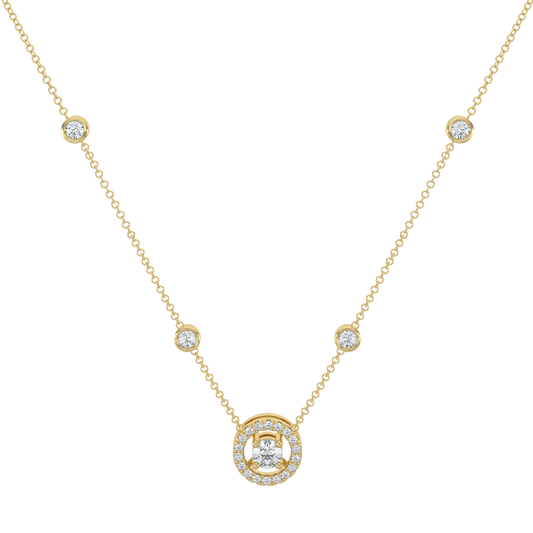 Round Halo Solitaire Chain Necklace-Yellow Gold