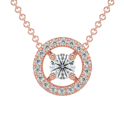 Round Halo Solitaire Chain Necklace-Rose Gold